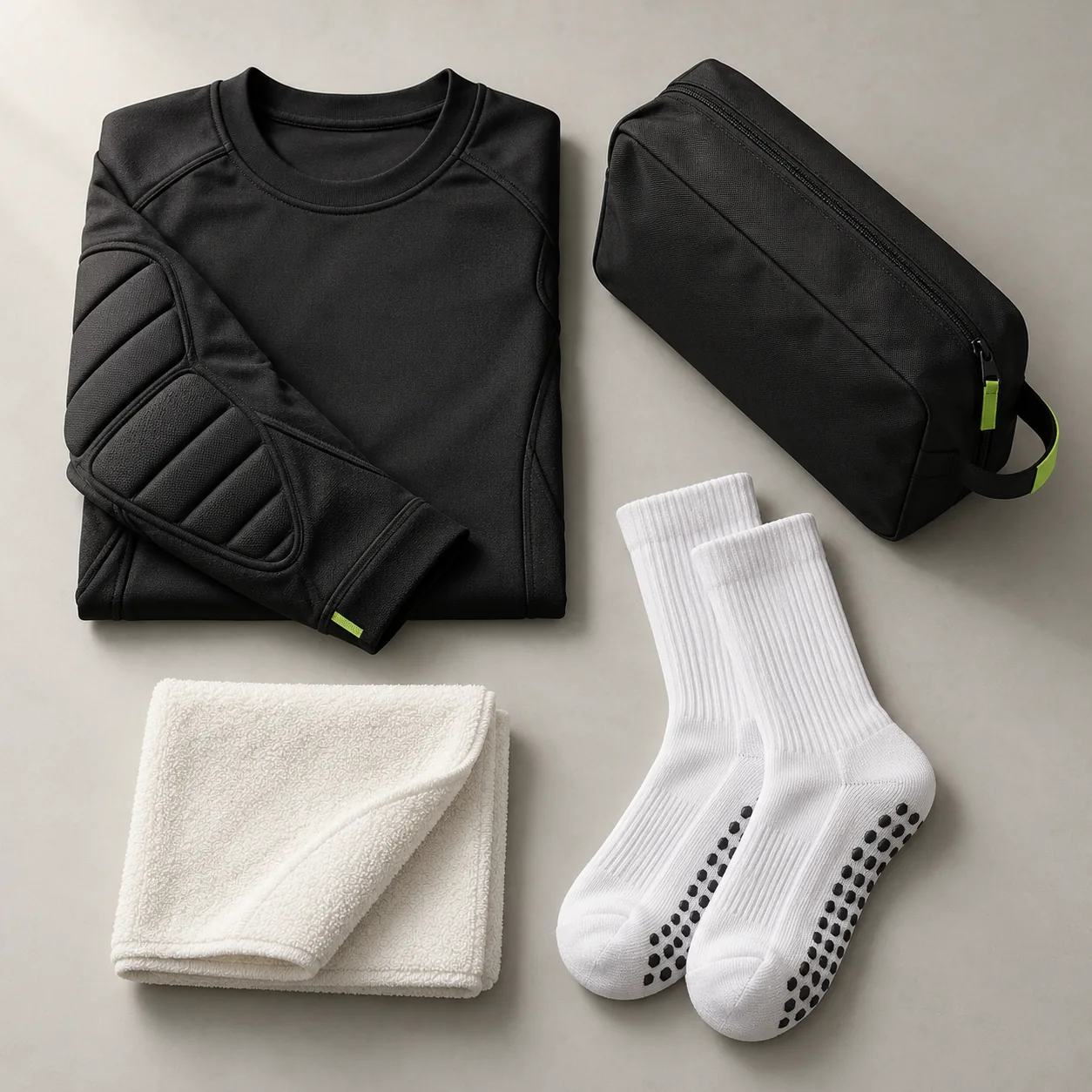 Goalkeeper equipment concept range with glove bag, padded top, grip socks and towel